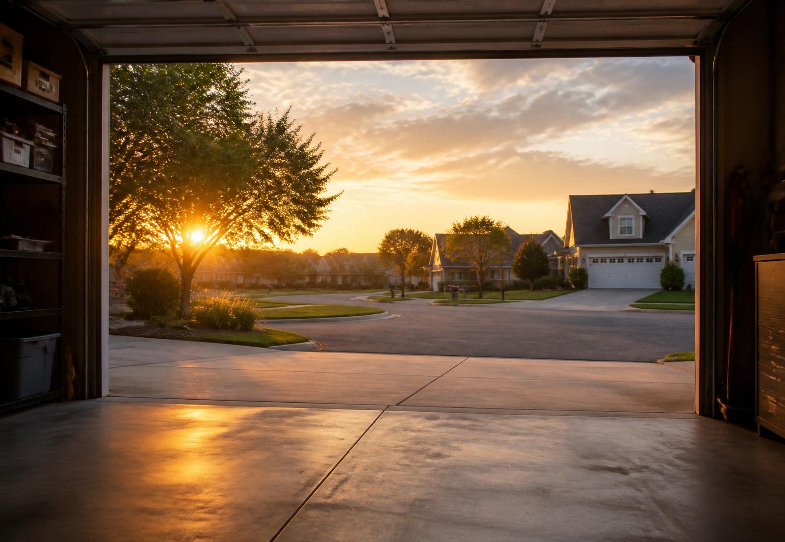 View from inside a garage at sunrise