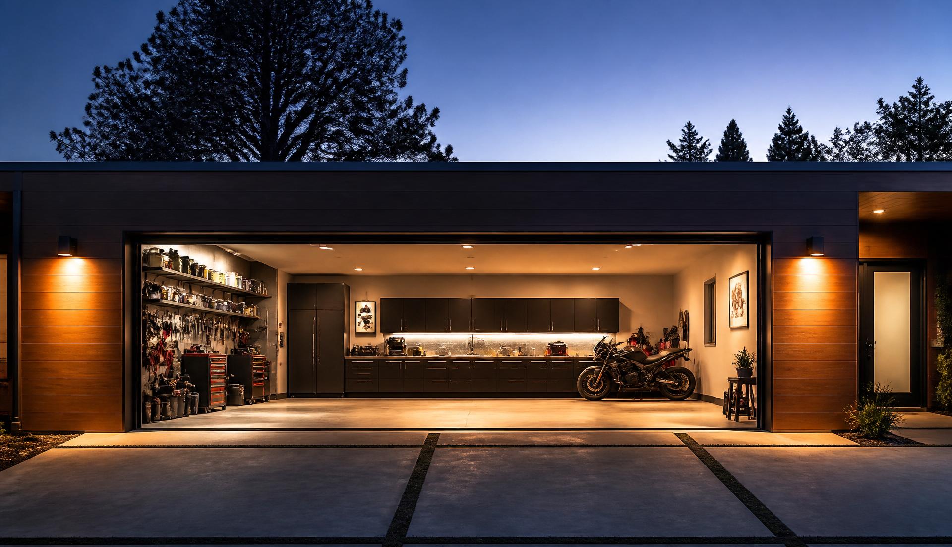 Modern garage at dusk with warm interior lights