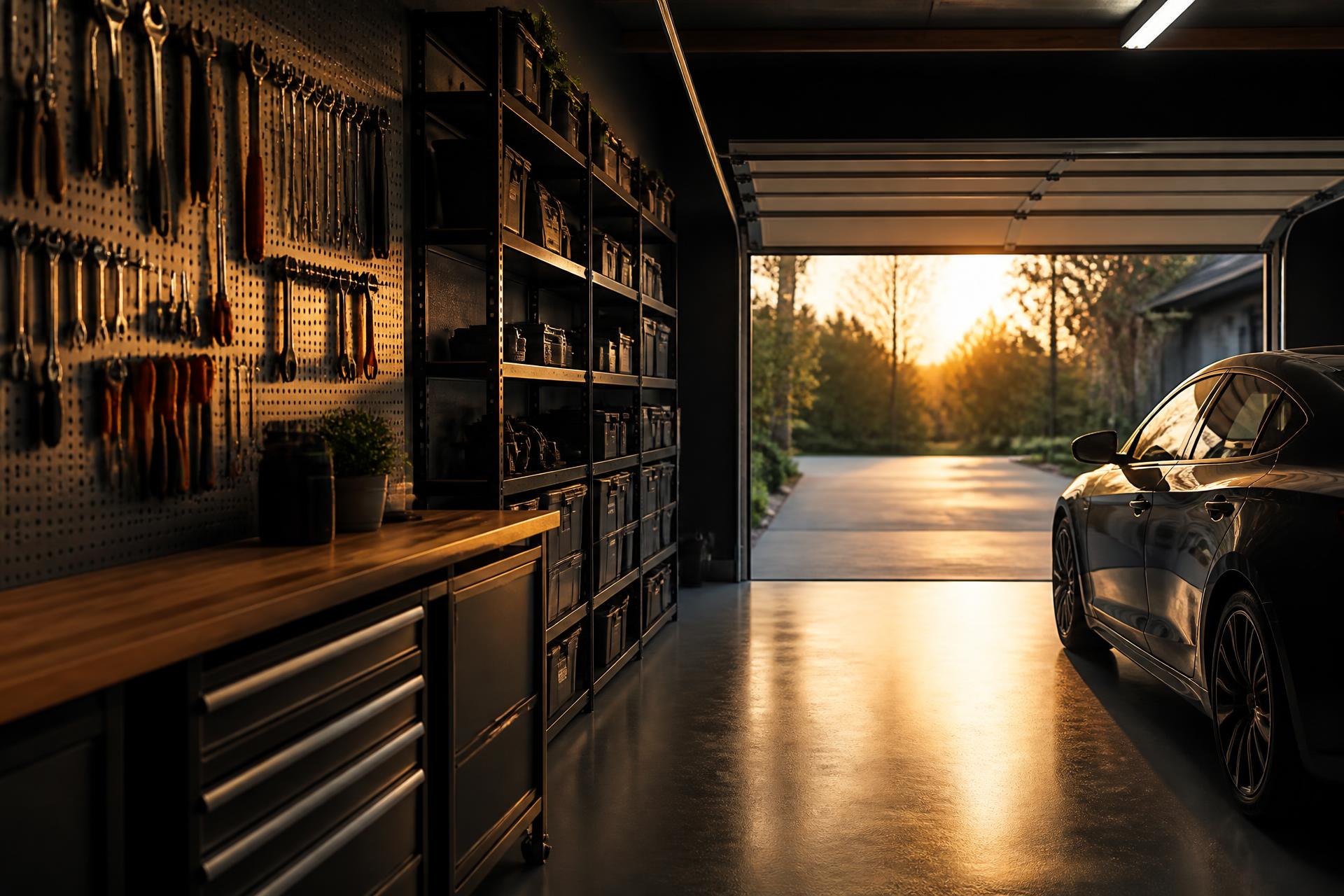 Organized residential garage at golden hour